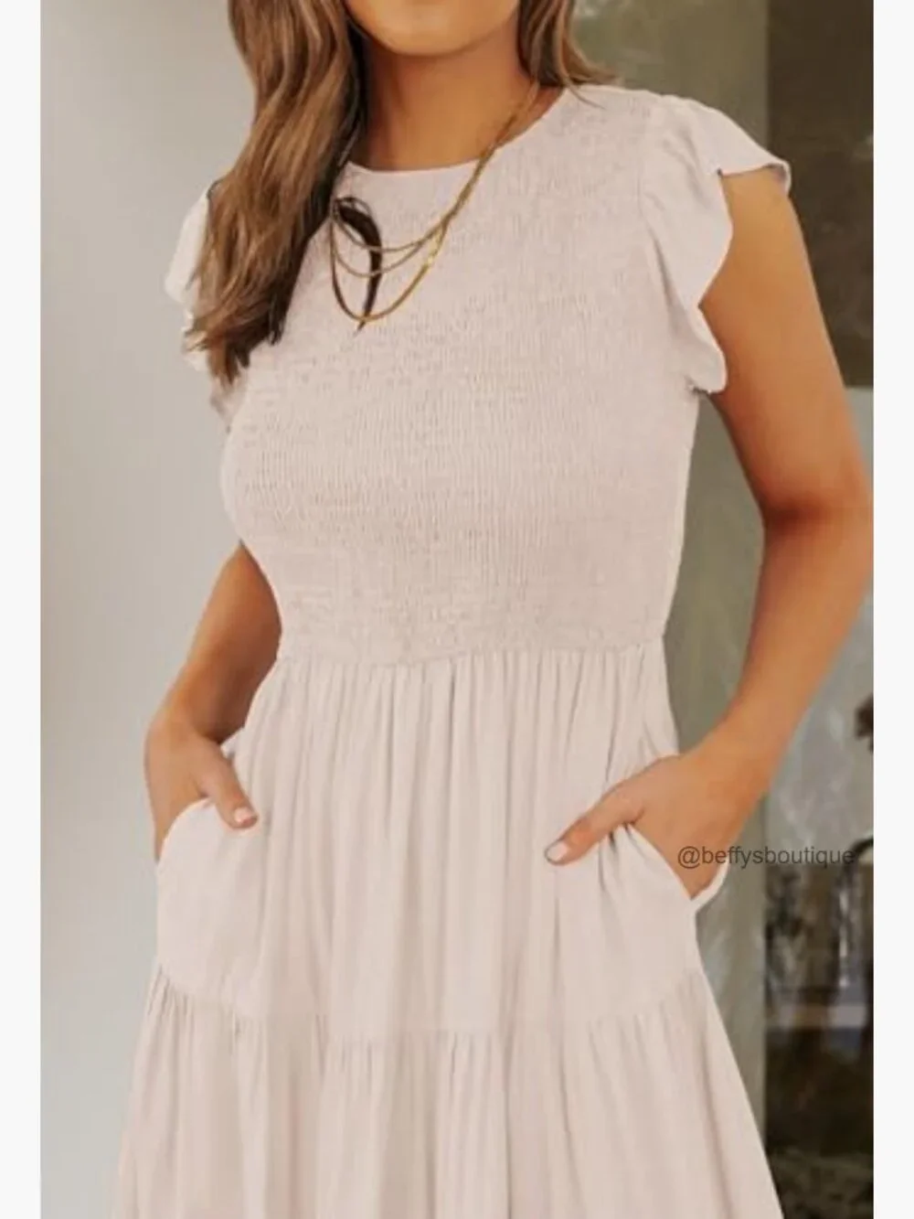 Flutter Short Sleeve Smocked Midi Dress - Casual Summer - Picture 6 of 7